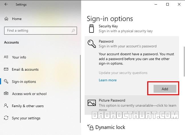 Cài mật khẩu cho máy tính Windows 10 bằng PC Settings