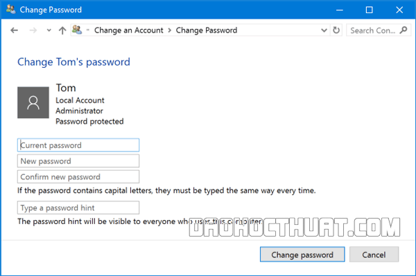 Tip dùng Control Pannel đặt mật khẩu máy tính Windows 10
