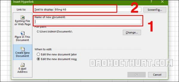 Cách tạo hyperlink file mới trong Excel