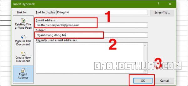 Tạo hyperlink email trong Excel